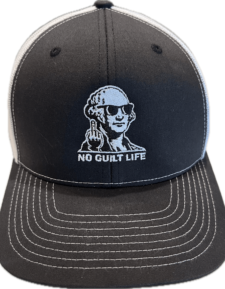 Black hat with embroidered figure showing middle finger