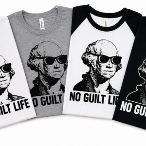 T-shirts with sunglasses portrait, "No Guilt Life"