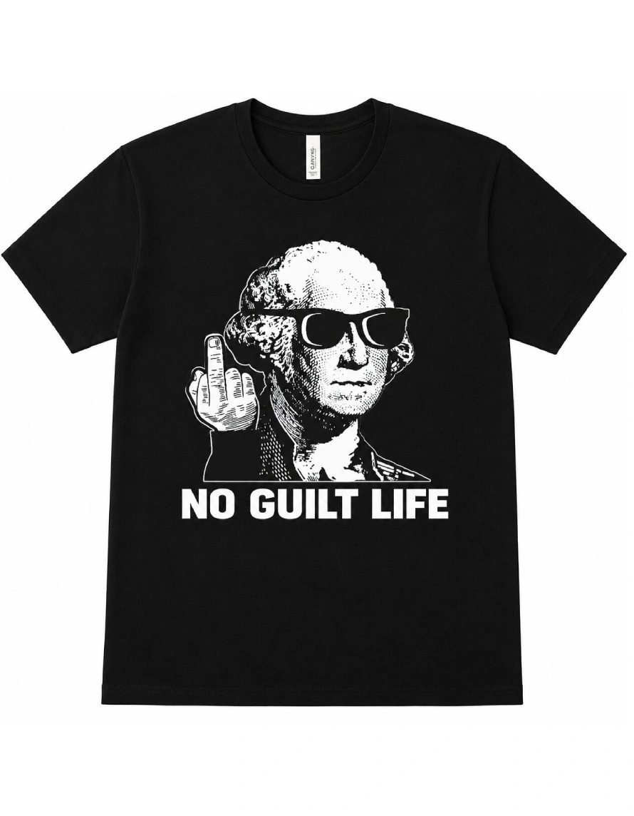 Black T-shirt with portrait, sunglasses, middle finger