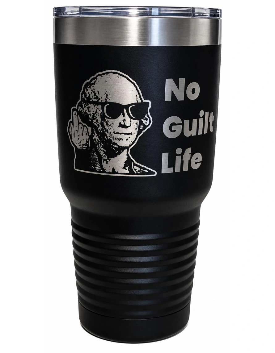 Black tumbler with "No Guilt Life" and graphic